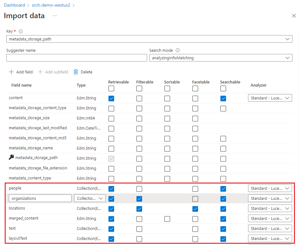 Screenshot of the index definition page.