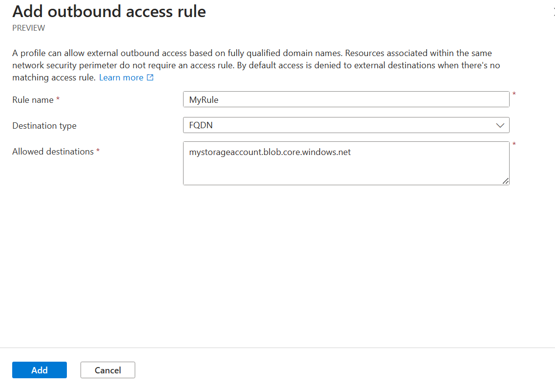 Screenshot of adding the outbound access rule in network security perimeter with filled out options.