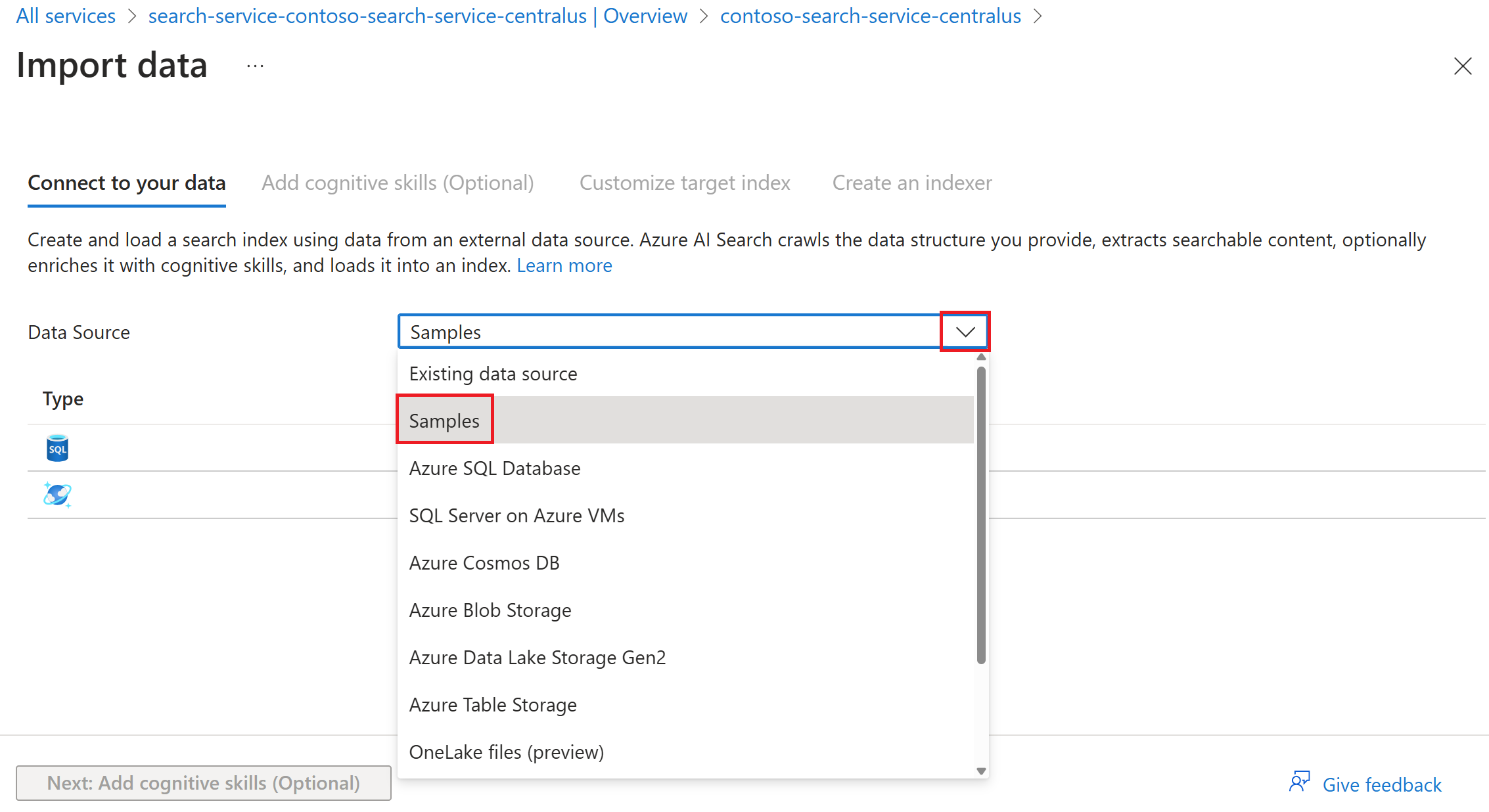 Screenshot of the import data page with the samples option selected.