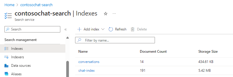 Screenshot of the indexes created by the accelerator.