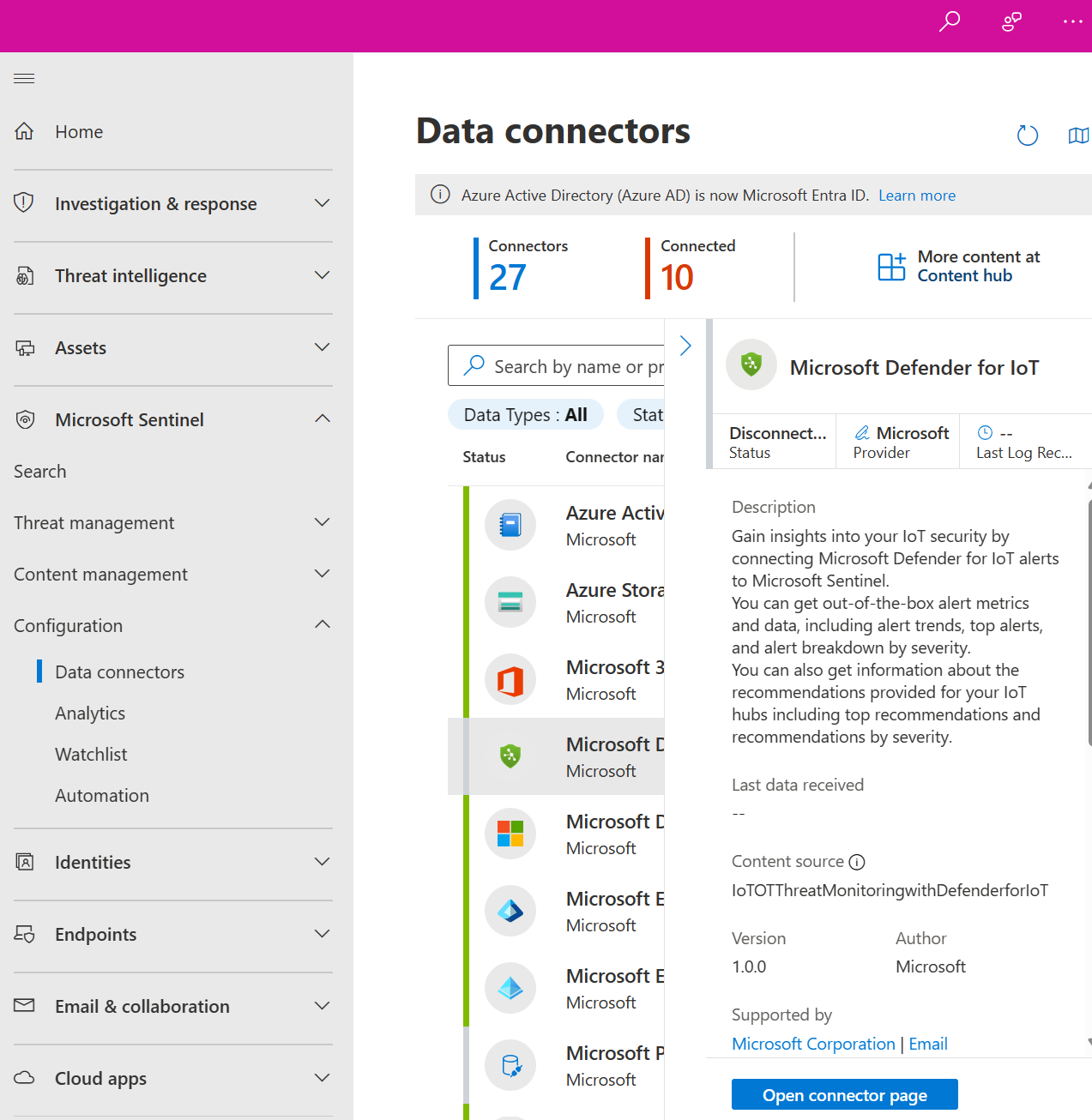 Screenshot of data connector details page in the Defender portal.