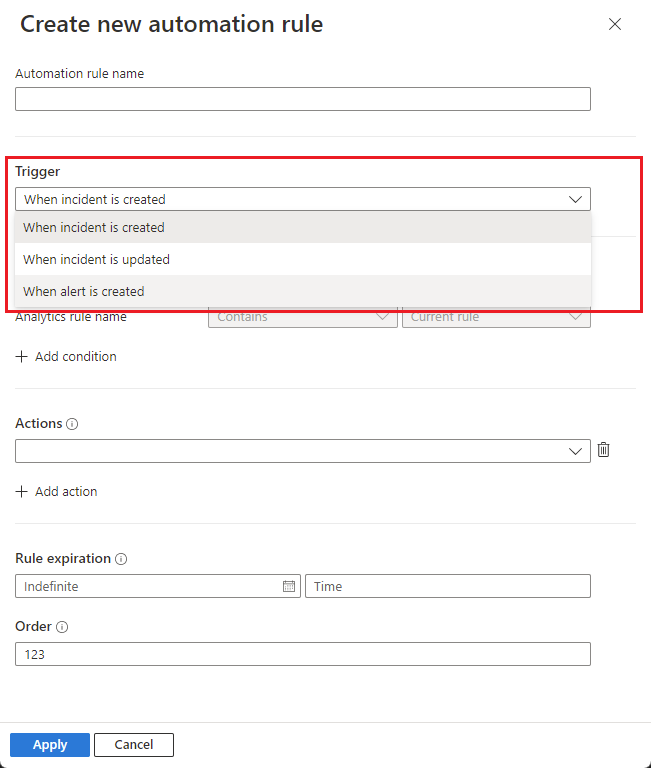 Screenshot of creating automation rule in analytics rule screen.