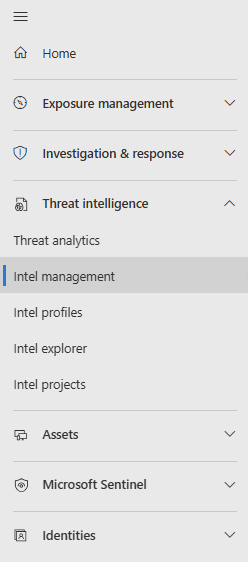 Screenshot showing the intel management menu item in the Defender portal.