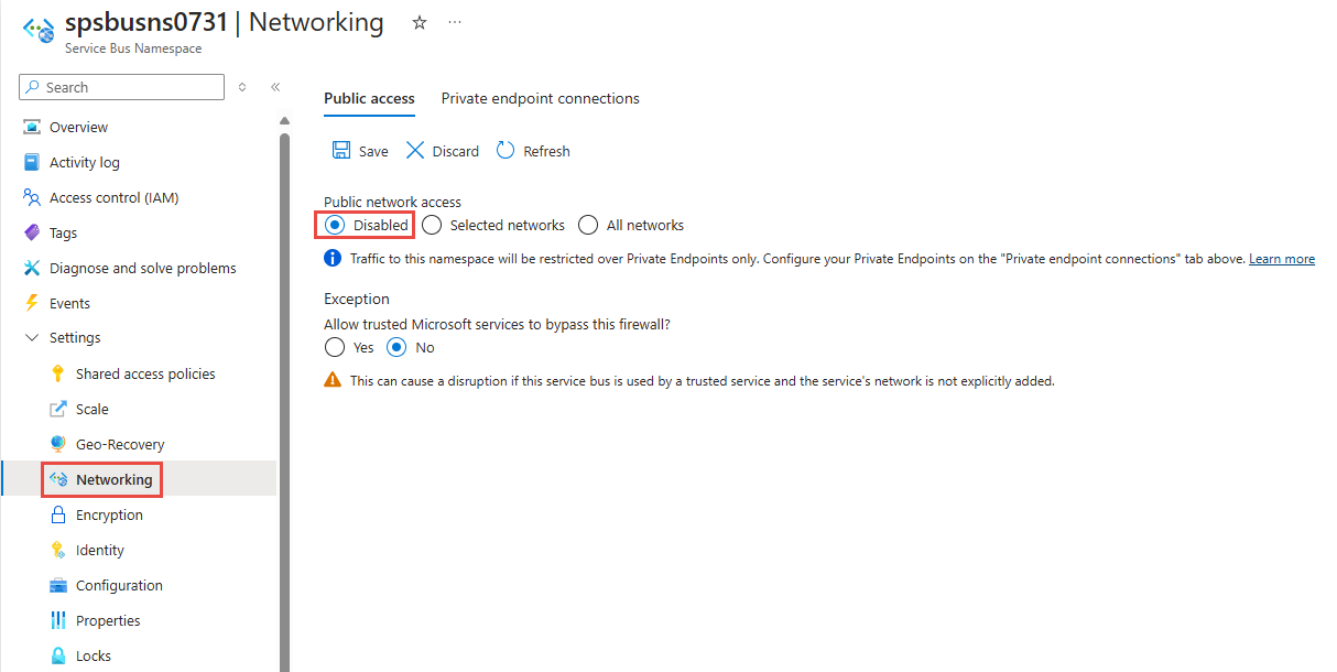 Screenshot that shows the Networking page of a namespace with public access disabled.