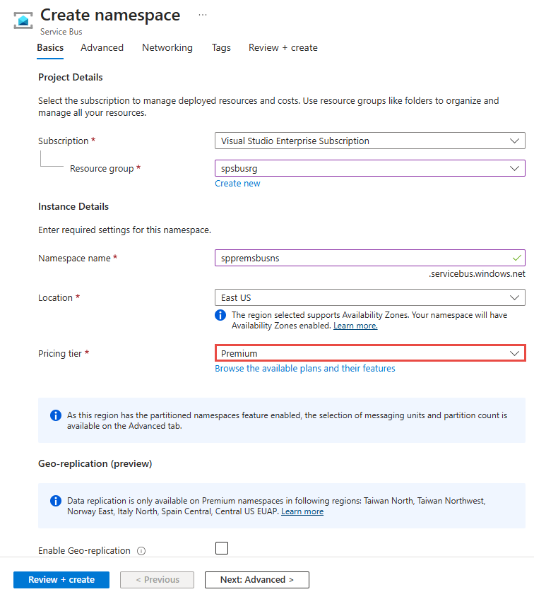 Screenshot that shows the selection of premium tier when creating a namespace.