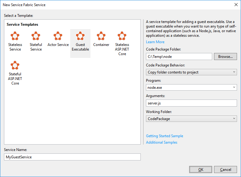 New service dialog in Visual Studio