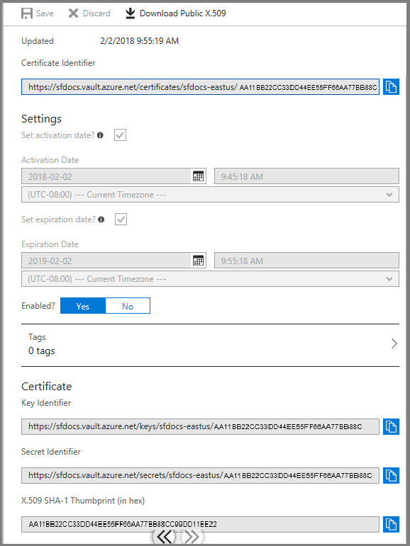 Screenshot shows the Certificate Version dialog box with an option to copy the Certificate Identifier.