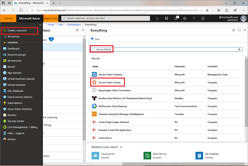 search for Service Fabric cluster template on the Azure portal.