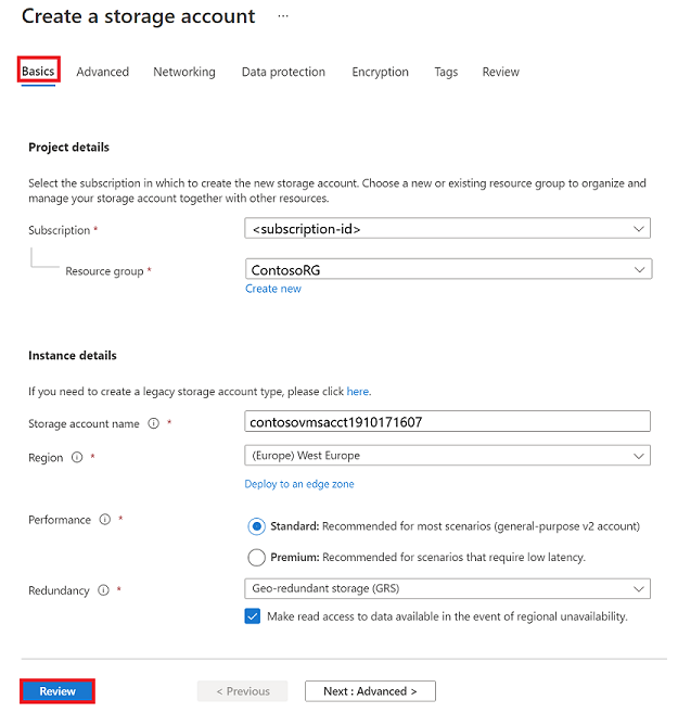 Screenshot that shows an example of Create a storage account options.