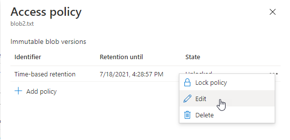 Screenshot showing how to edit an existing version-level time-based retention policy in Azure portal