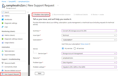 Screenshot showing how to request a conversion - Problem description tab.