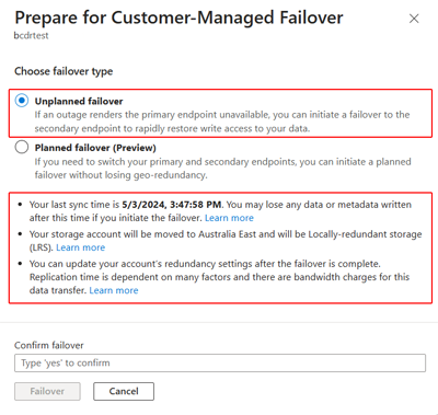 Screenshot showing the failover option selected on the Prepare for failover window.