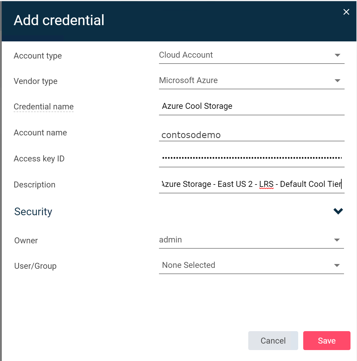 Shows adding credentials in Commvault Command Center.