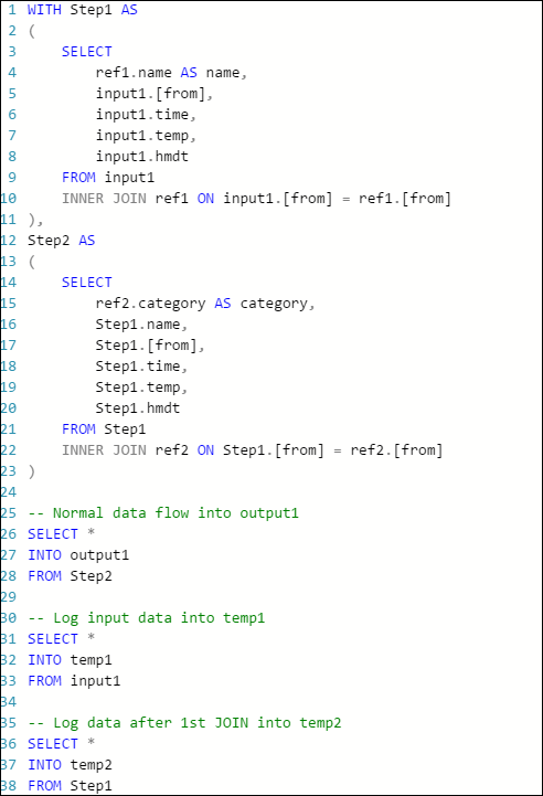 Rewritten SELECT INTO Stream Analytics query