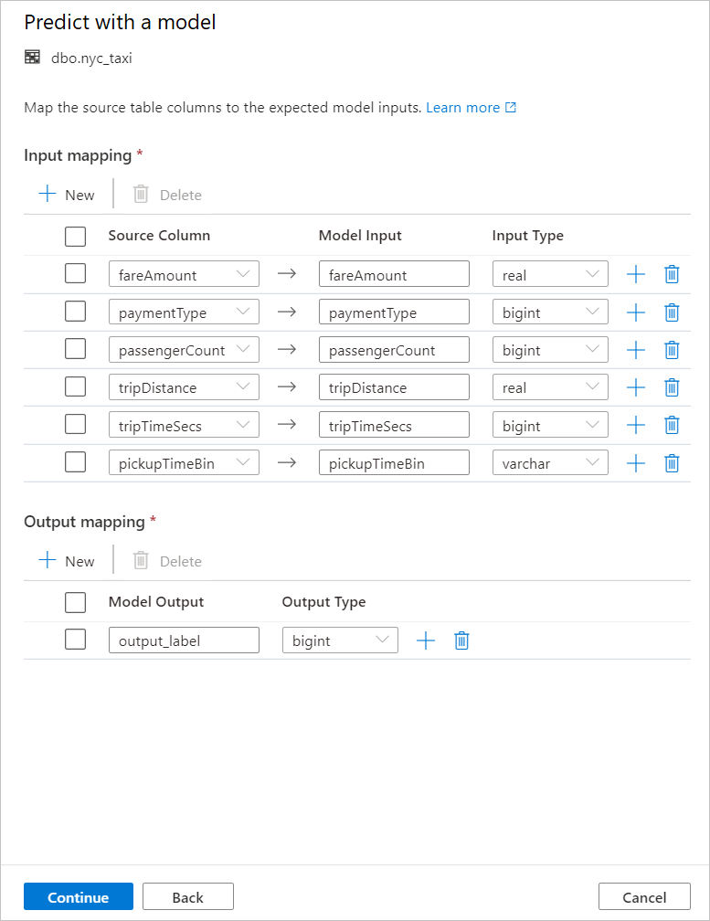 Screenshot that shows table-to-model mapping.