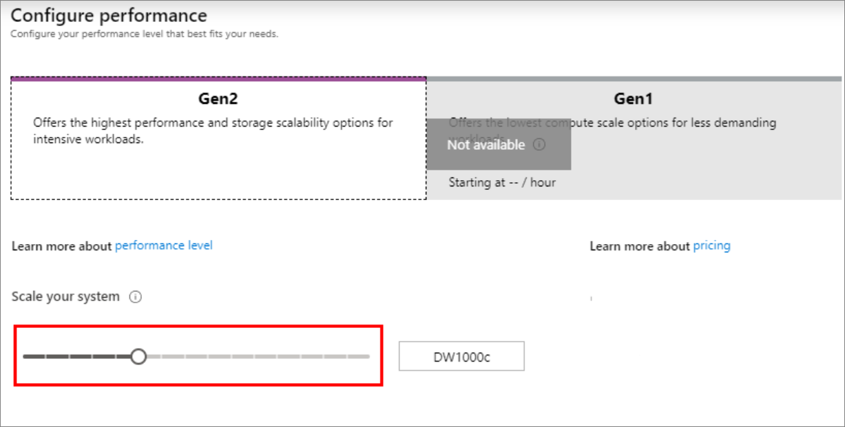 A screenshot of the Azure portal. Change data warehouse performance level.