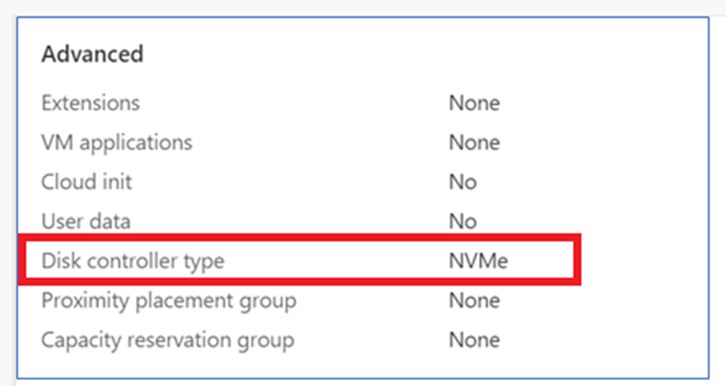 Screenshot of the area for reviewing and verifying advanced features for a virtual machine, including the NVMe feature.