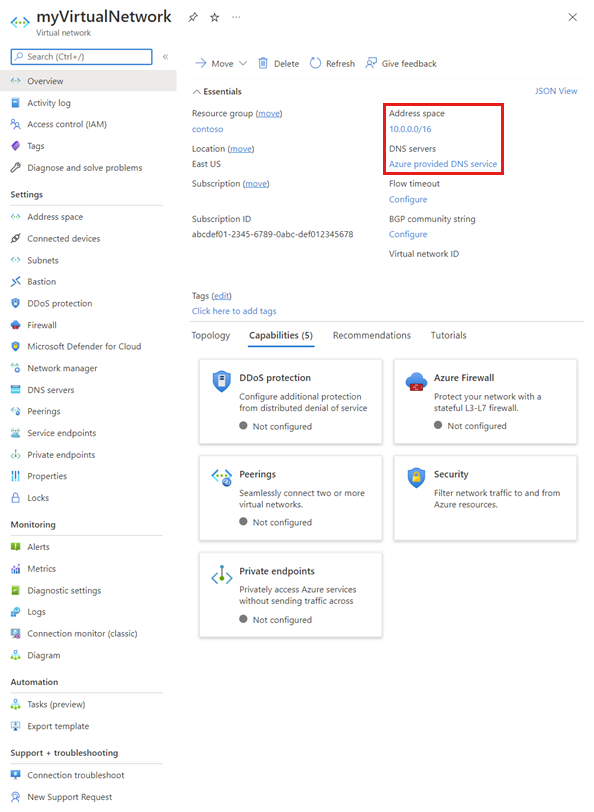 Screenshot of the Virtual Network overview page. It includes essential information including resource group, subscription info, and DNS information.