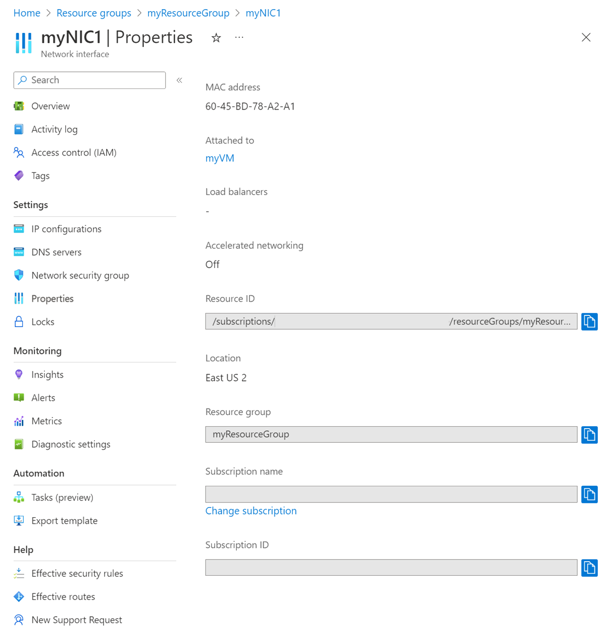 Screenshot of network interface properties.