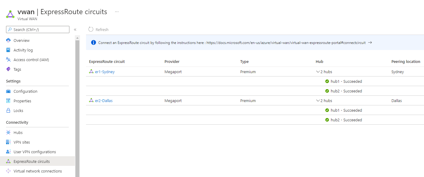 Screenshot of Virtual WAN showing both ExpressRoute circuits connected to both virtual hubs.