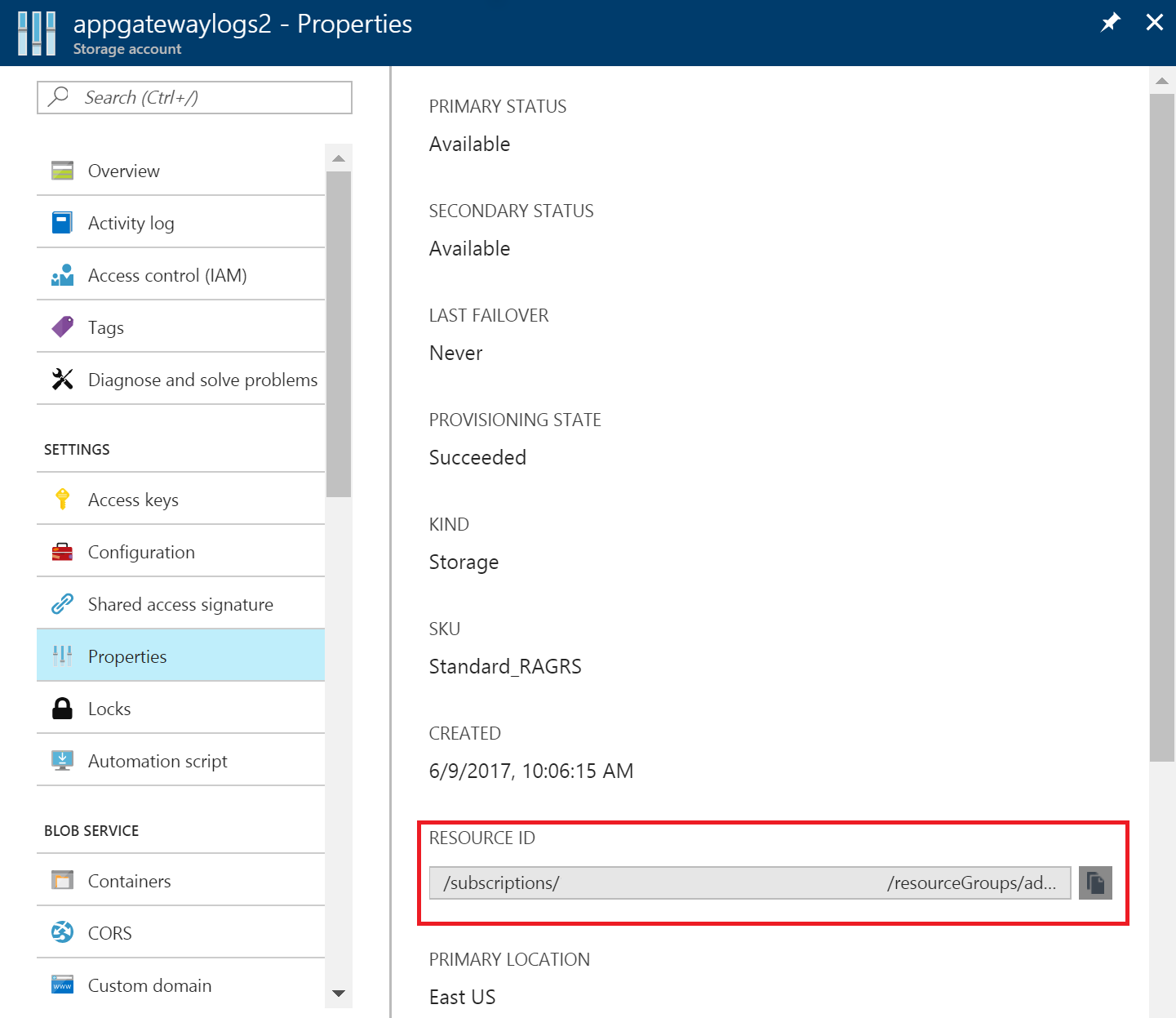 Portal: resource ID for storage account