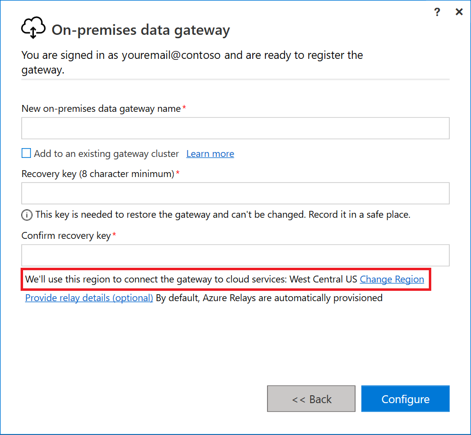 Screenshot of the new on-premises data gateway registration page with the Change Region area emphasized.