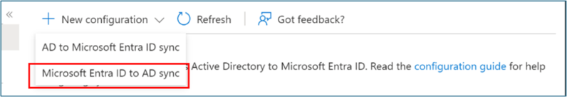 Screenshot of New configuration, Microsoft Entra ID to AD Sync.