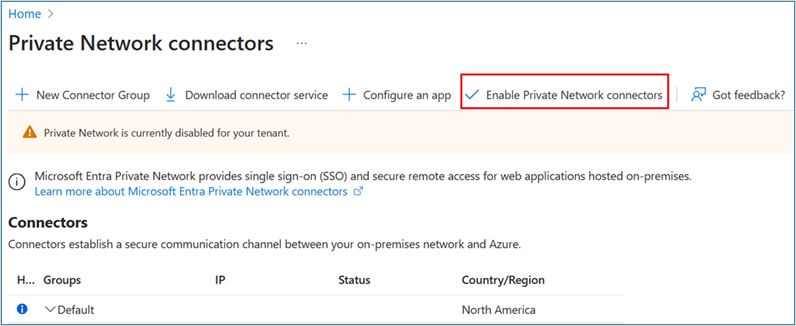 Screenshot of Private Network connectors with a red box highlighting the Enable Private Network connectors control.