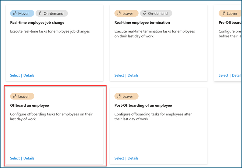 Screenshot of Choose a workflow with a red box highlighting the Leaver card.