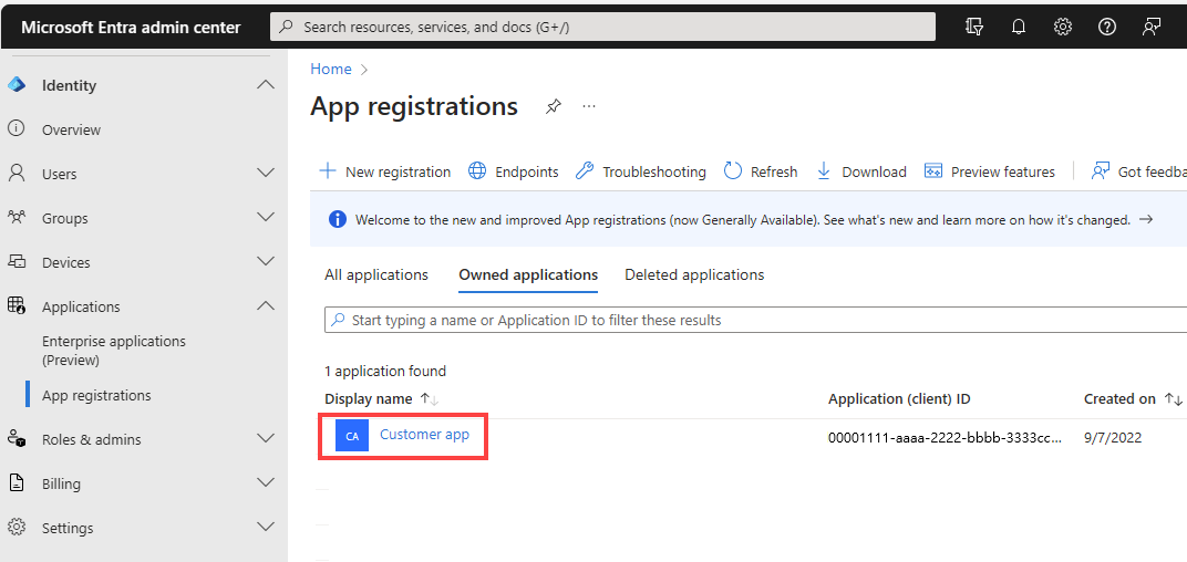 Screenshot of the overview page of the app registration.