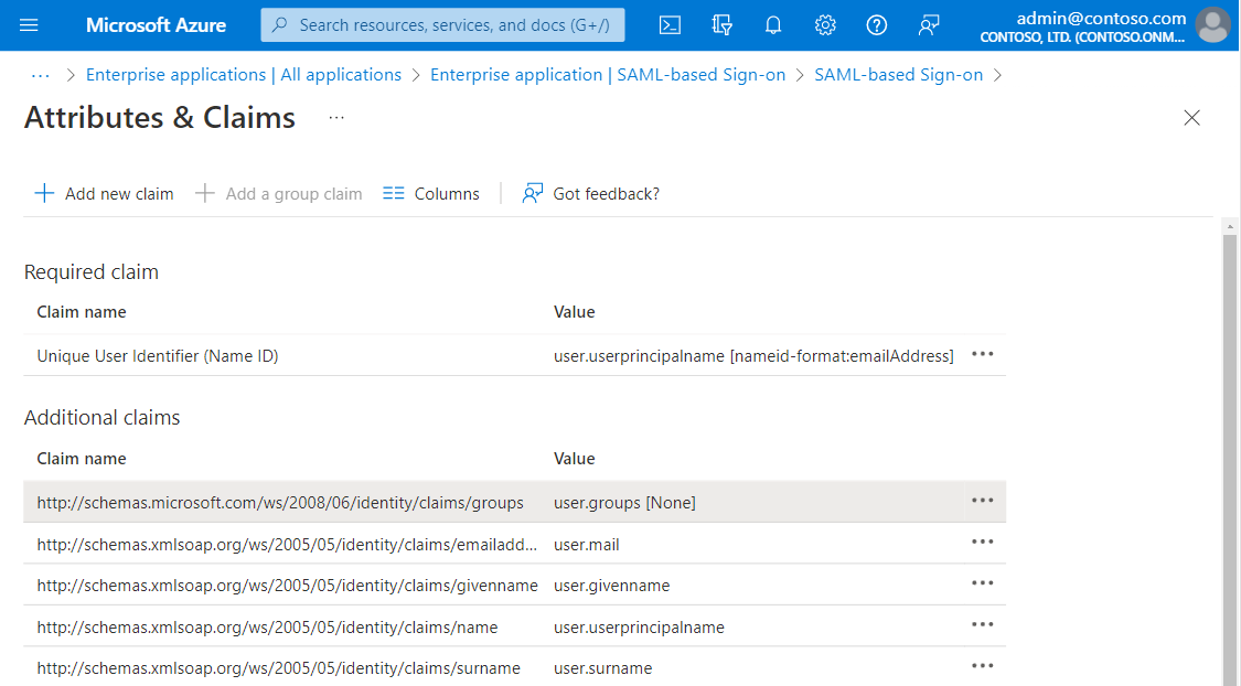 Screenshot of the SAML token attributes in the UI.