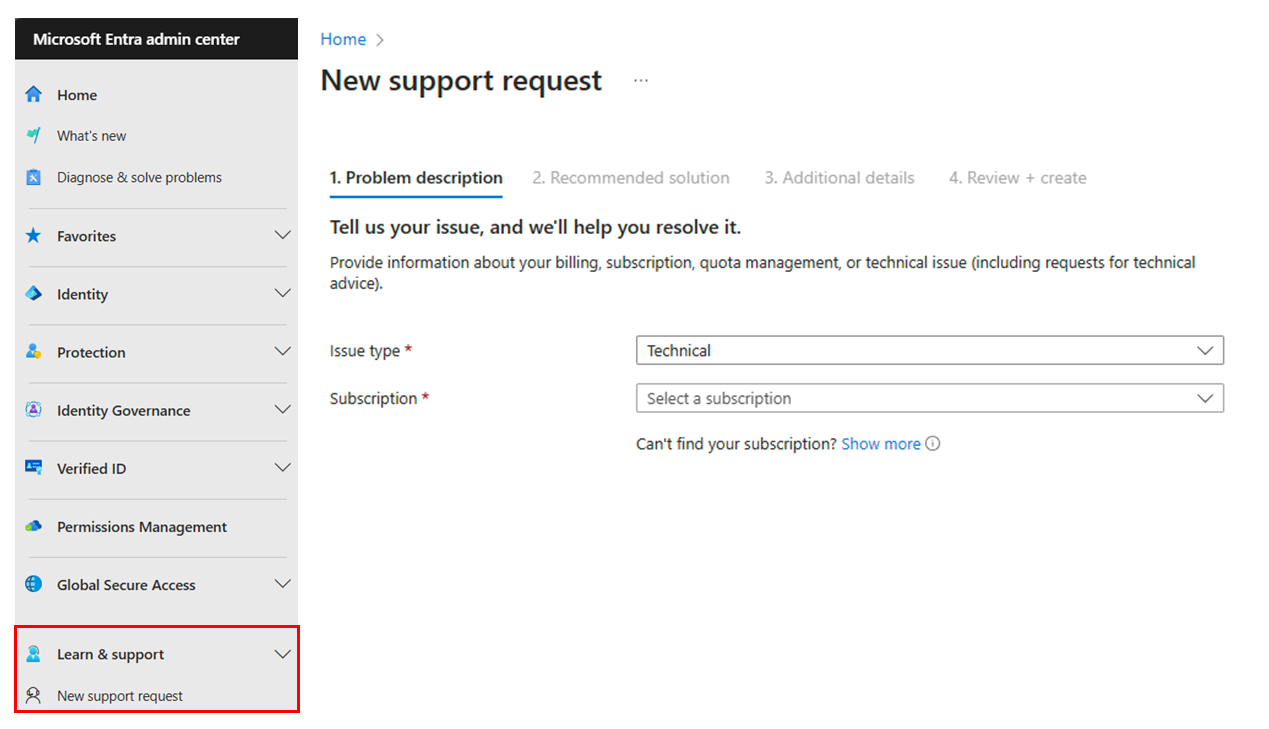 Screenshot of the Microsoft Entra admin center Learn & support menu.