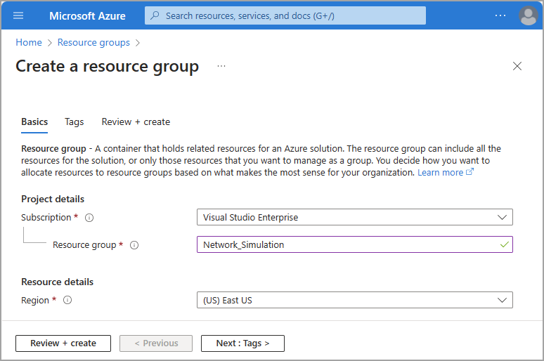 Screenshot of the create a resource group fields.