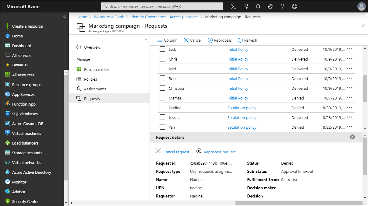 List of requests for an access package