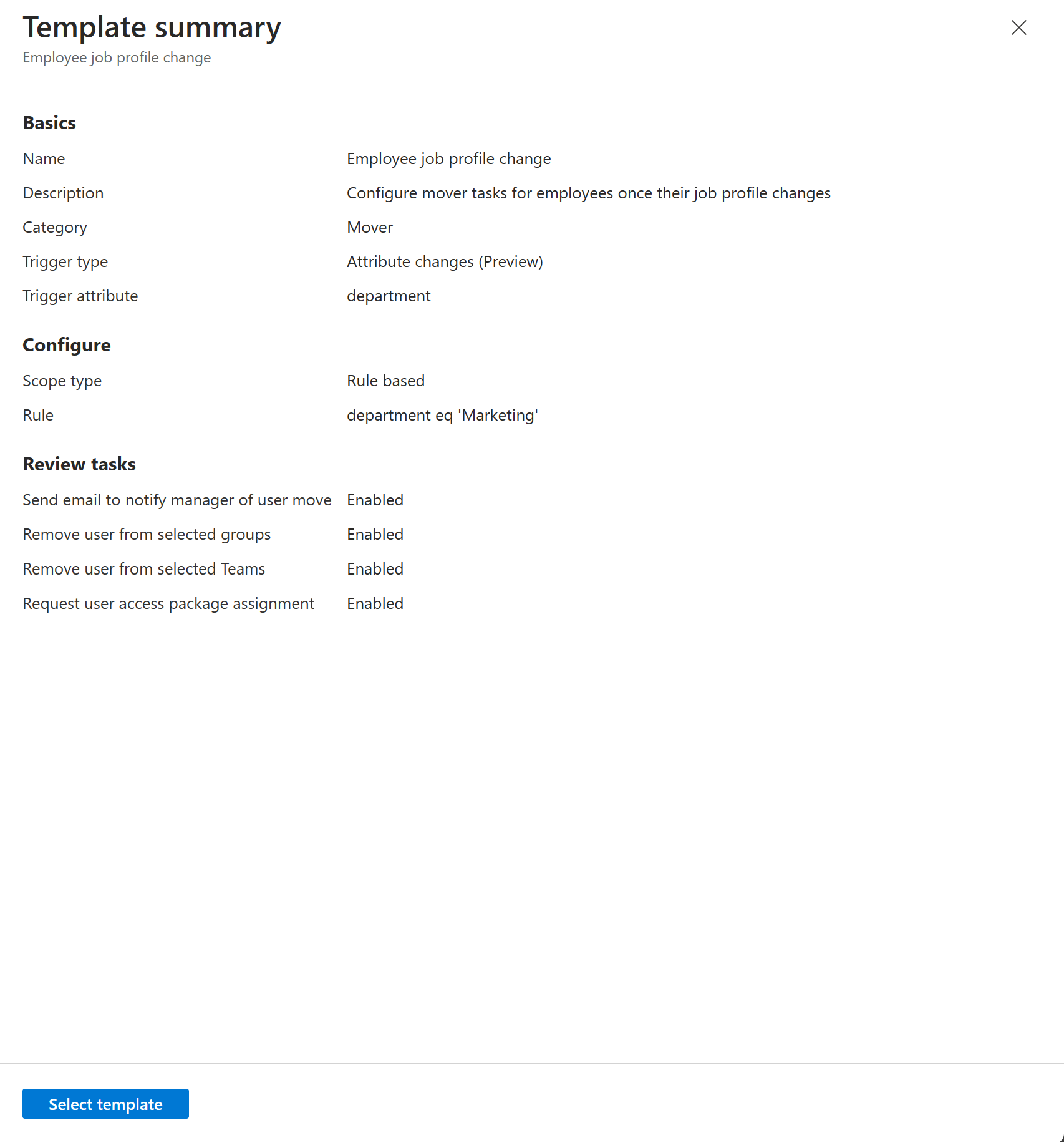 Screenshot of the Employee job profile change template.