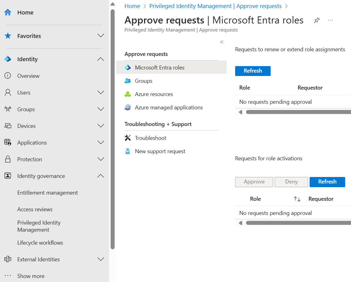 Screenshot showing the **Approve requests** page showing request to review Microsoft Entra roles.