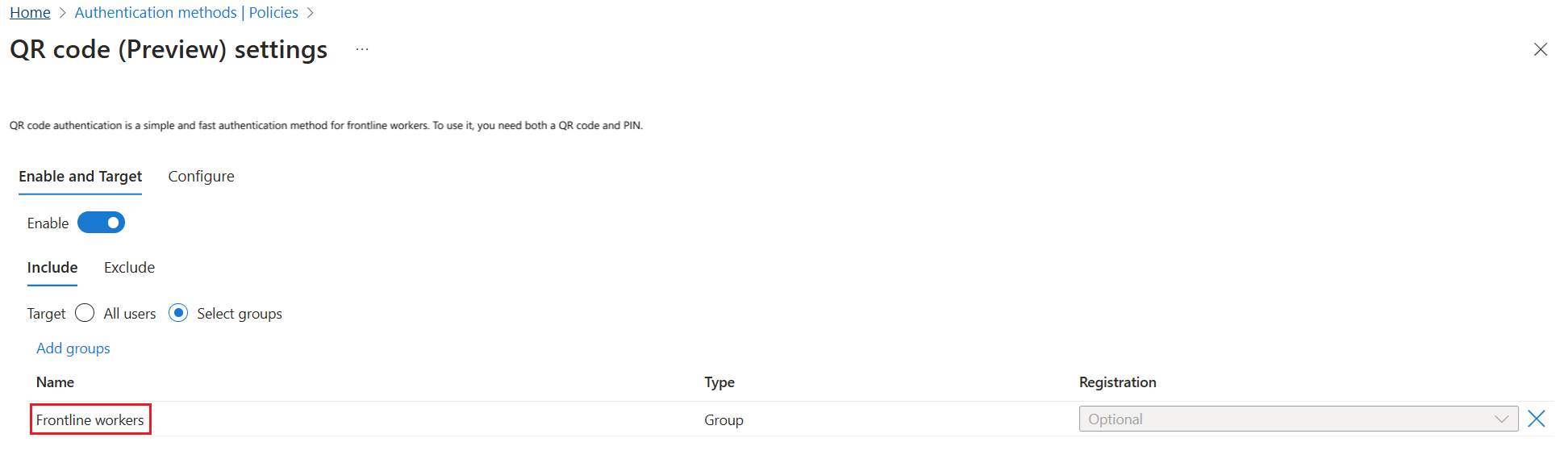 Screenshot that shows the Microsoft Entra admin center that shows how to add groups to the QR code settings.