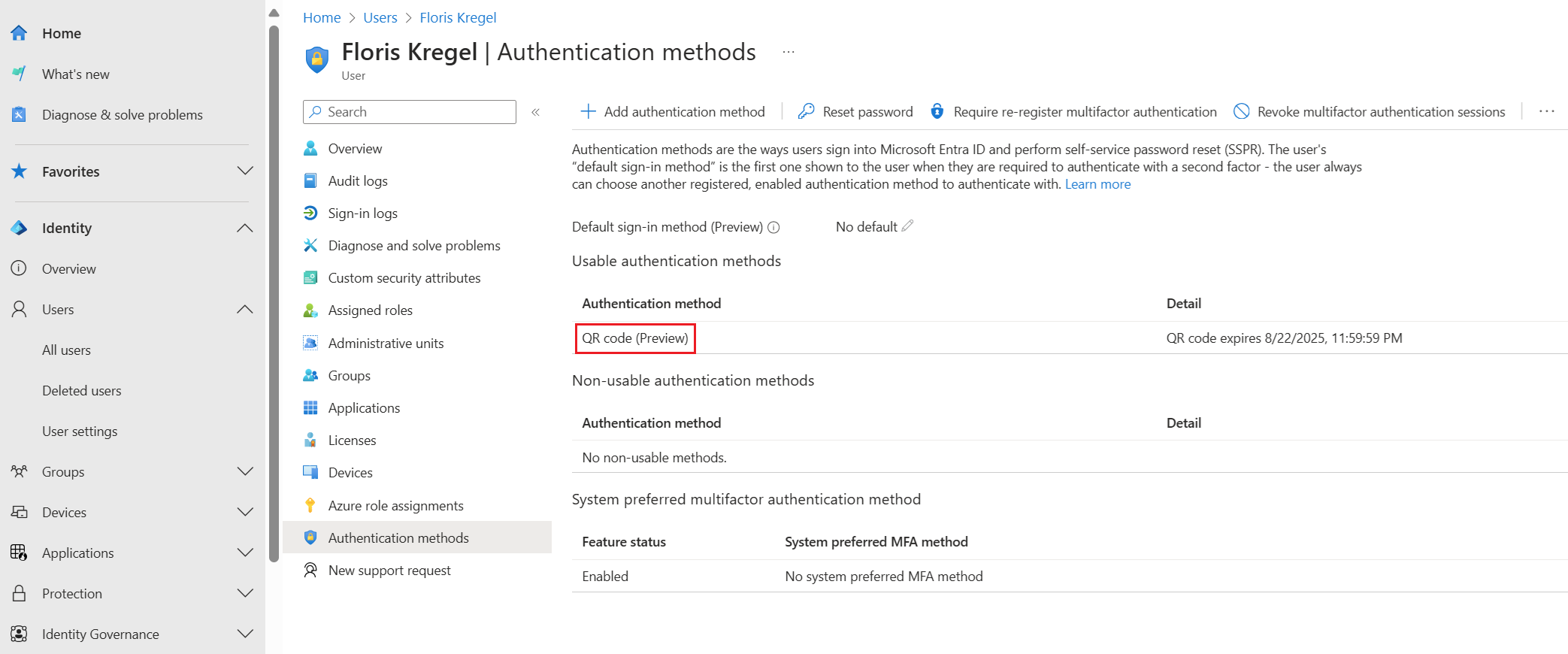 Screenshot that shows the QR code authentication method listed in usable authentication methods for a user.