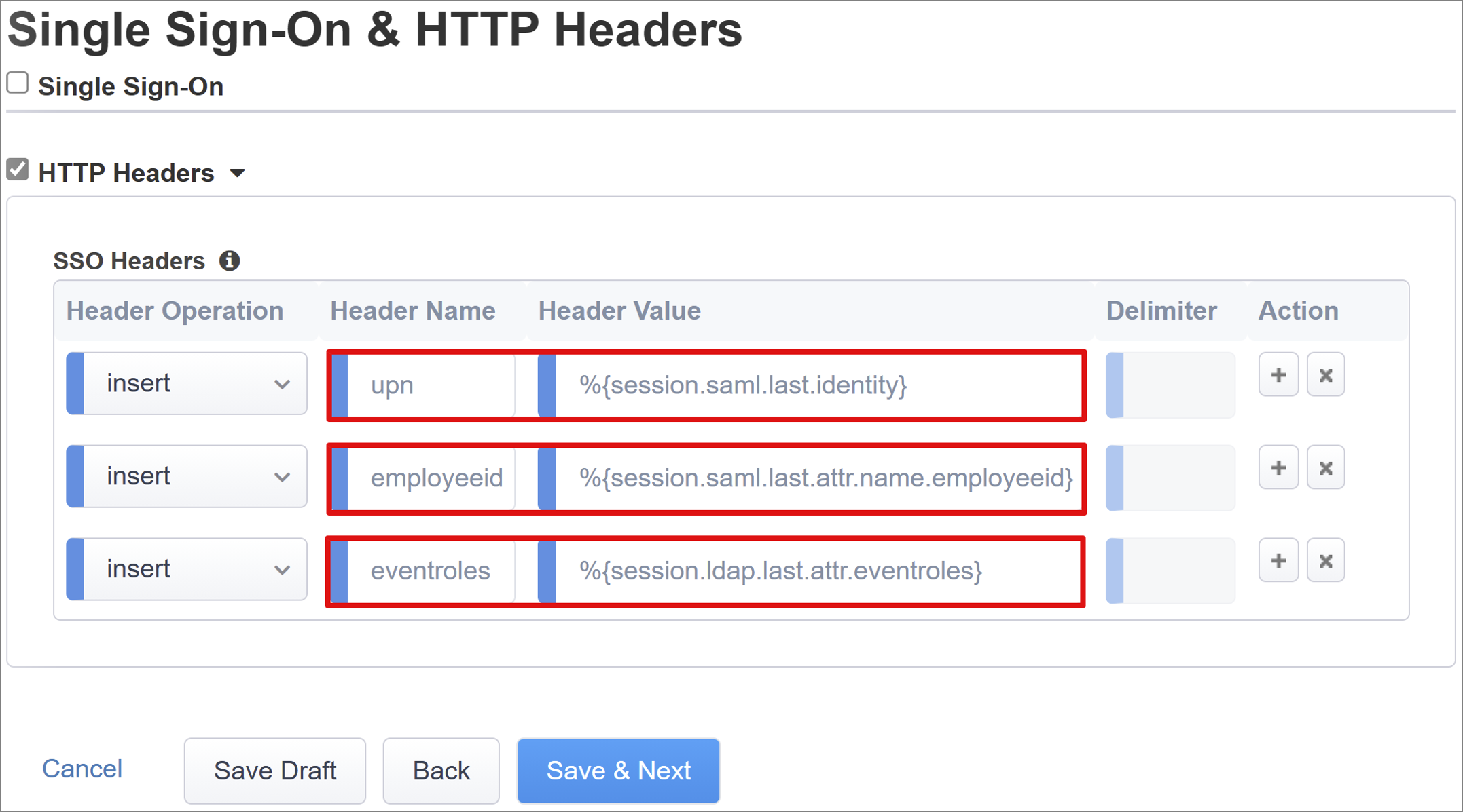 Screenshot of SSO Headers entries under SSO Headers on SSO and HTTP Headers.