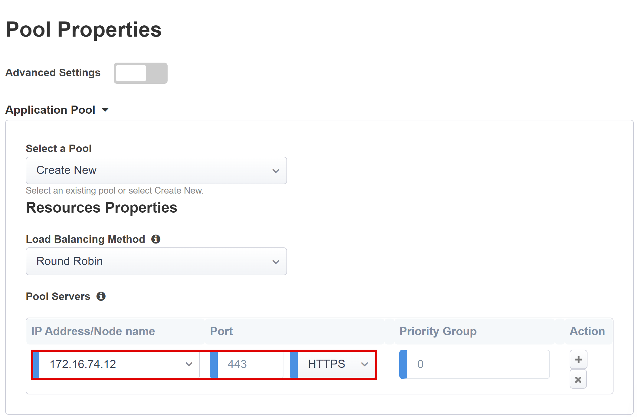 Screenshot of IP Address/Node Name, and Port entries on Pool Properties.