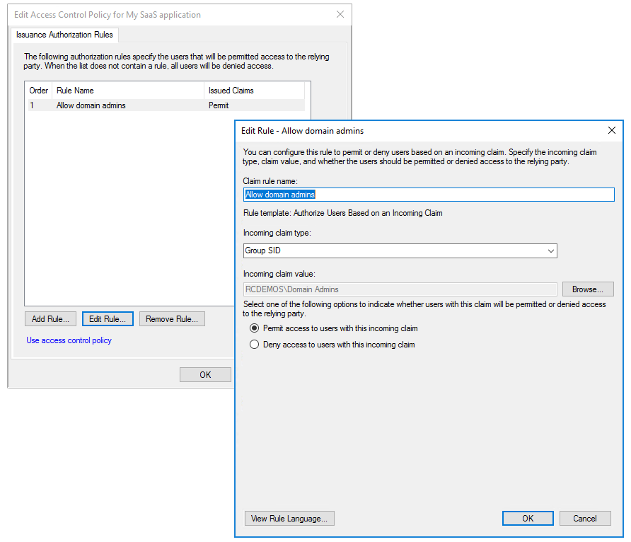 Screenshot shows the Edit Rule dialog box for the Allow domain admins claim rule.