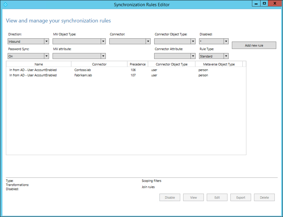 Start sync rules editor