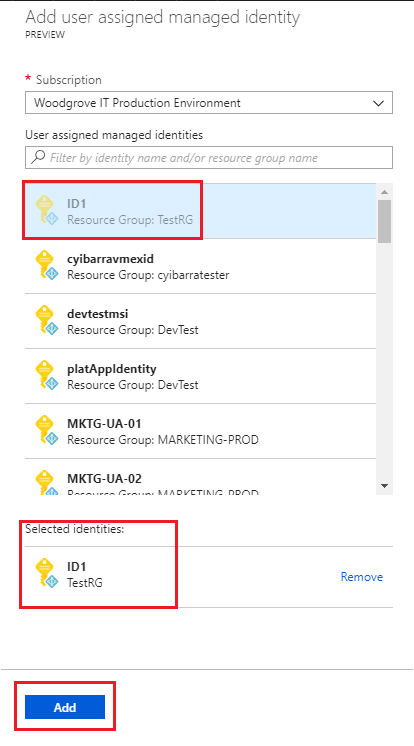 Screenshot showing adding a  user-assigned managed identity to VM.