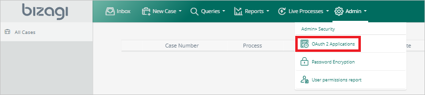 Screenshot of Bizagi, with OAuth 2 Applications highlighted.