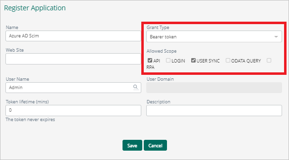 Screenshot of Register Application, with Grant Type and Allowed Scope highlighted.