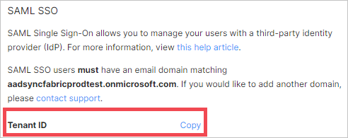 Screenshot of the S A M L S S O section in the Figma admin console. A Tenant ID label and an adjacent link that says Copy are highlighted.