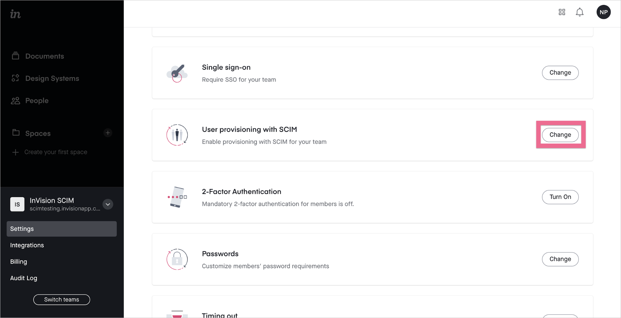 SCIM provisioning settings