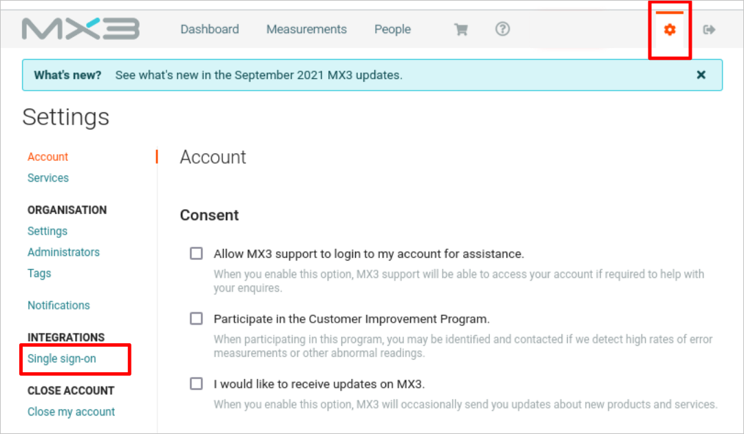 Screenshot for MX3 Diagnostics Connector Single sign-on settings.