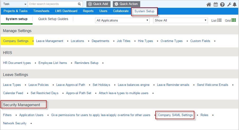 Screenshot that shows the "System setup" page with the "Security Management" section highlighted and the "Company S A M L Settings" action selected.