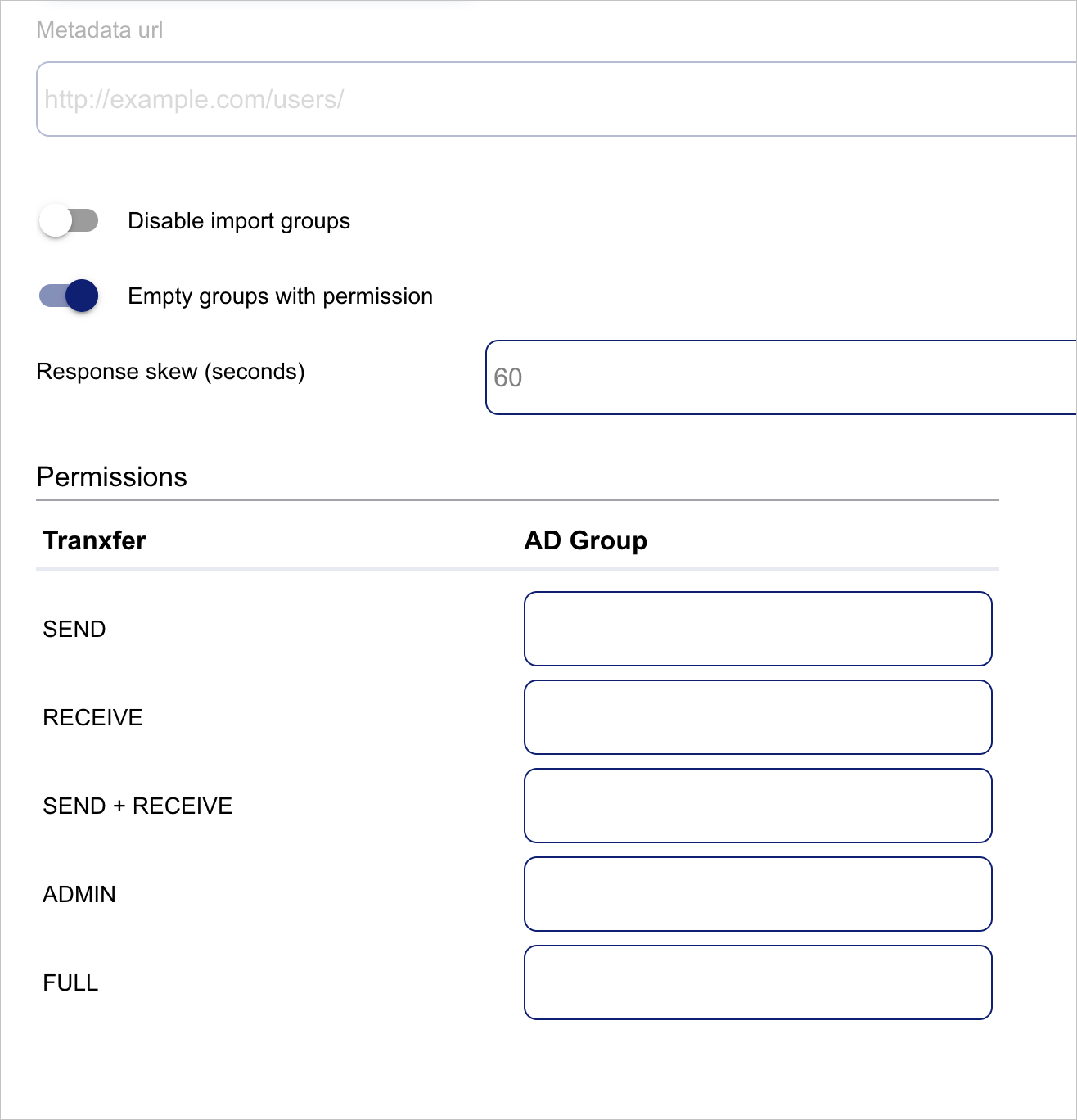 Screenshot shows Tranxfer SAML settings.